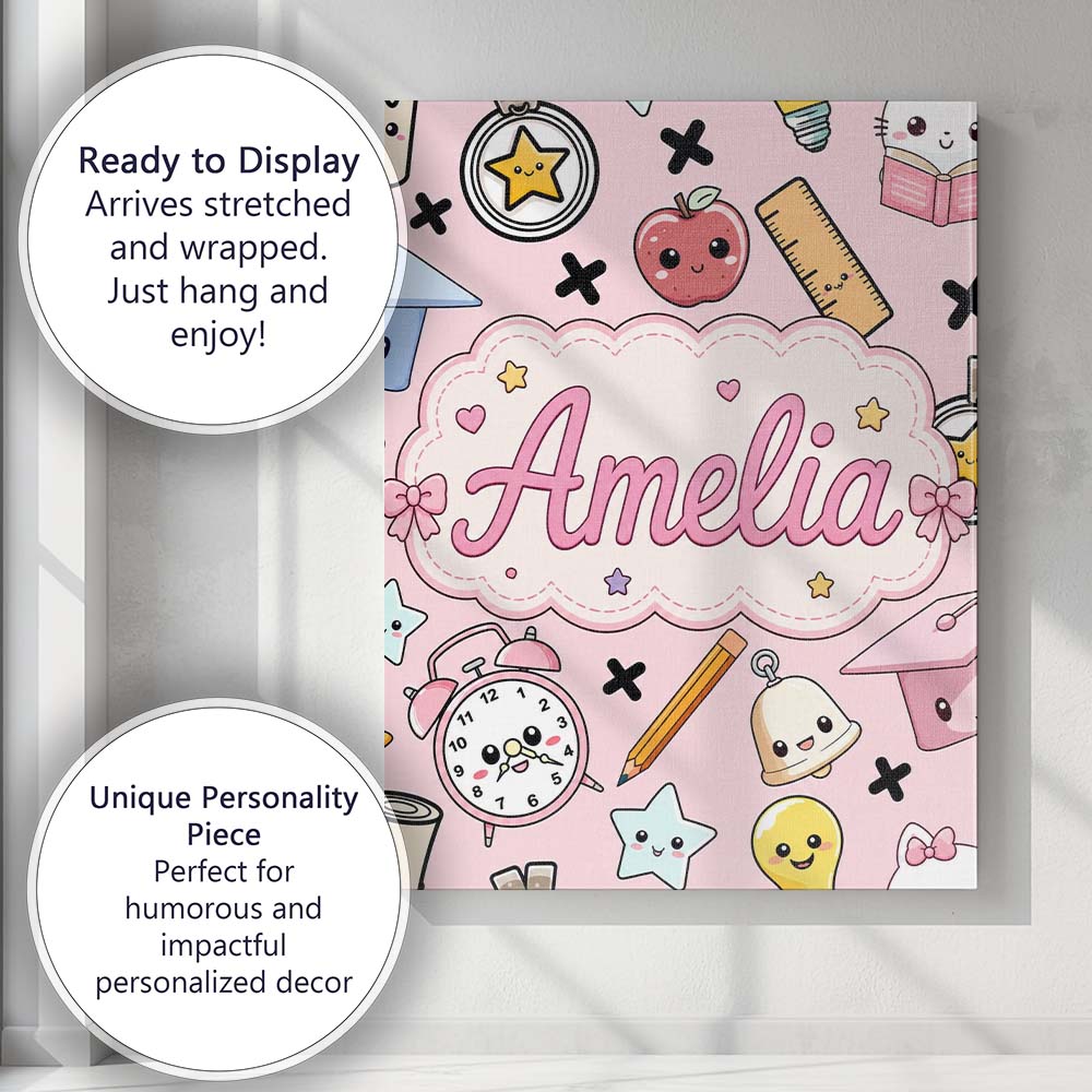Personalised Name Cute Kawaii School Custom Premium Decorative Design Modern Room Accent Canvas Wall Art Print Decor Picture Ready to Hang