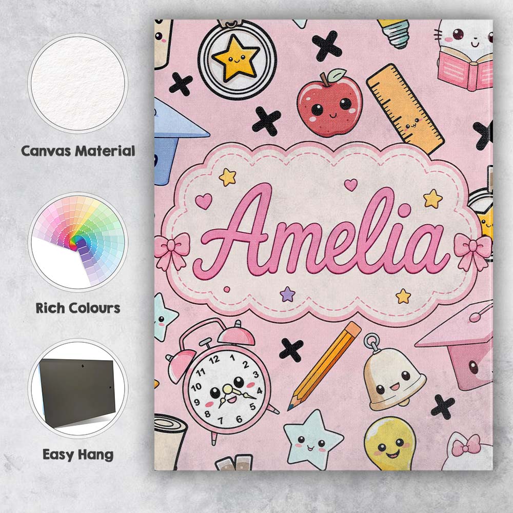 Personalised Name Cute Kawaii School Custom Premium Decorative Design Modern Room Accent Canvas Wall Art Print Decor Picture Ready to Hang