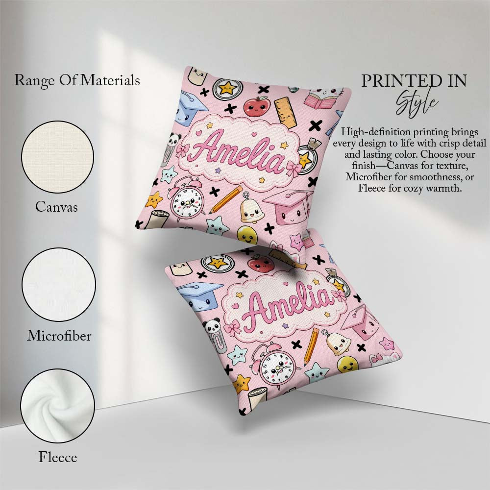 Custom Name Kawaii School Supplies Cat Books Clock Pink Seamless Square Filled Cushion Throw Pillow Sofa Bed Home Decor Zip Washable UK Made