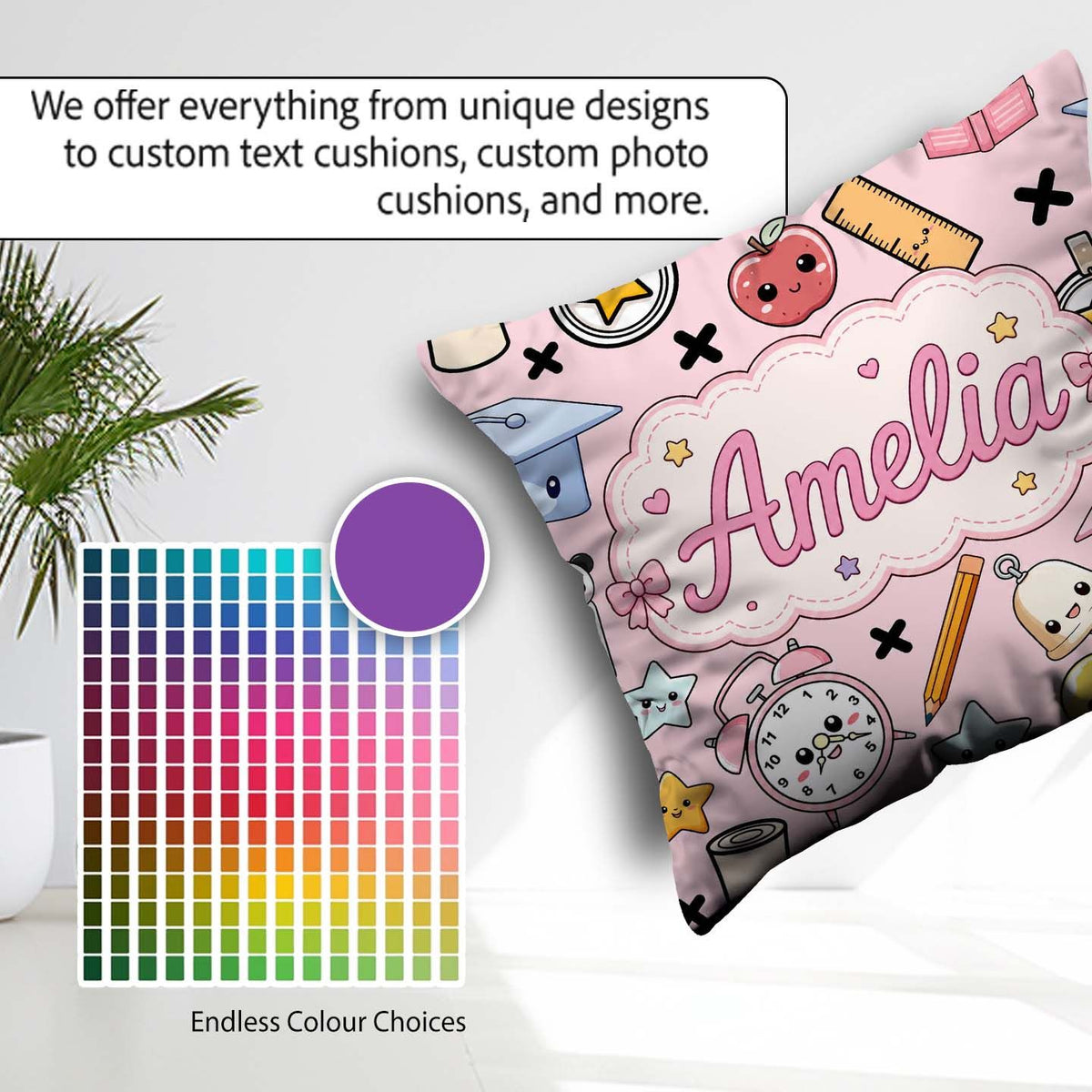 Custom Name Kawaii School Supplies Cat Books Clock Pink Seamless Square Filled Cushion Throw Pillow Sofa Bed Home Decor Zip Washable UK Made