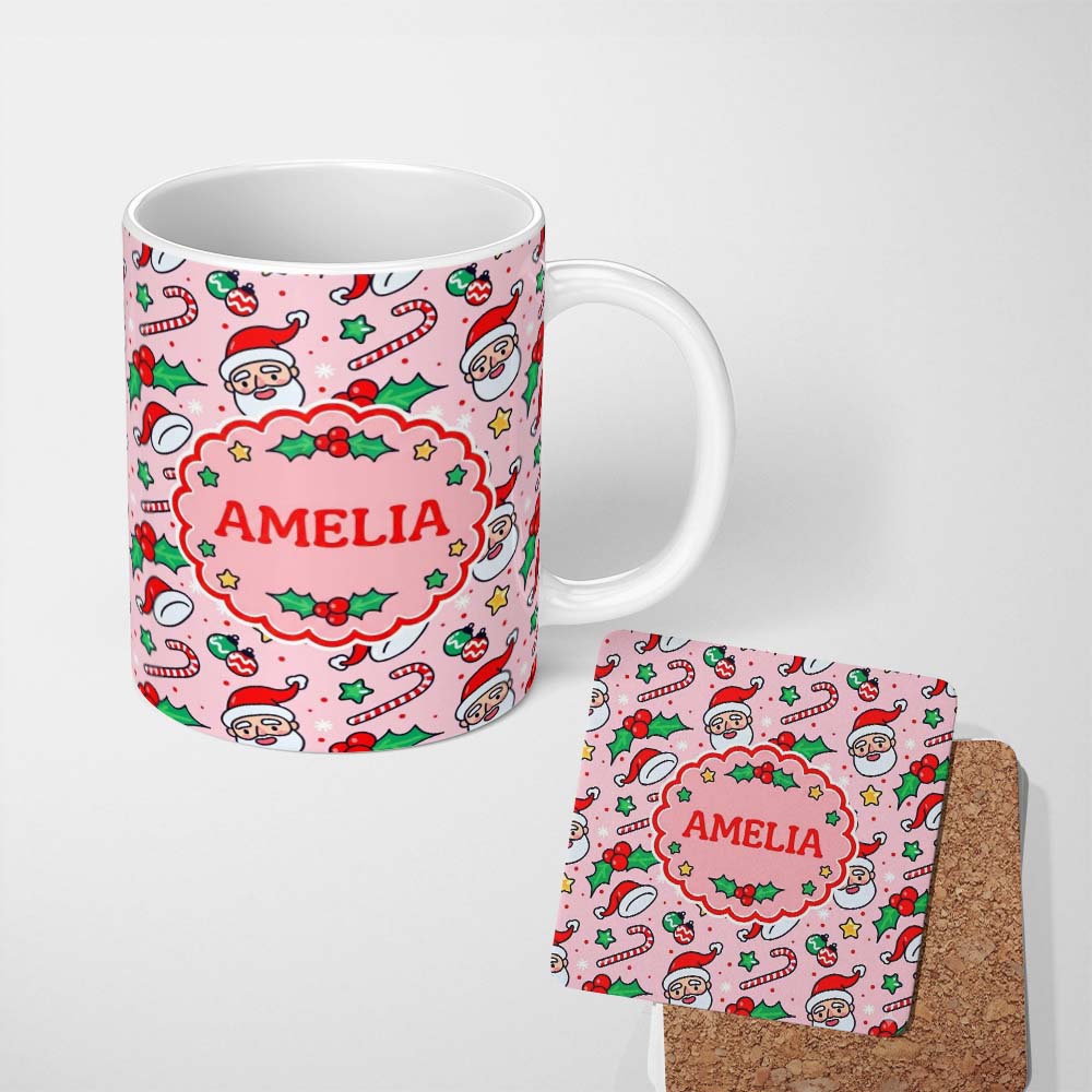 Personalized Custom Name Cute Santa Face Candy Cane Holly Berry Seamless Pattern Lovely 11oz Ceramic Coffee Tea Mug White Large Handle