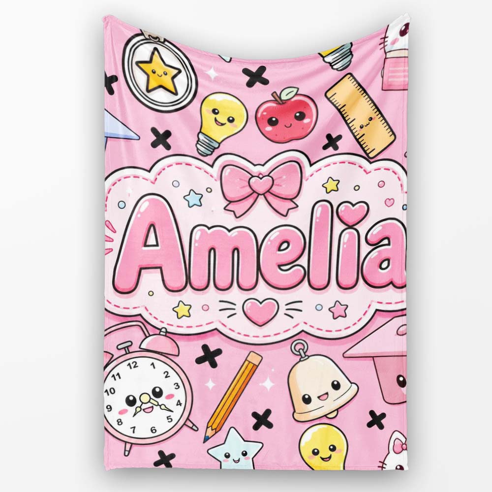 Cute Kawaii School Cat Books Apple Clock Bell Pencil Seamless Personalised Custom Name Super Soft Fleece Blanket Bed Sofa Throw