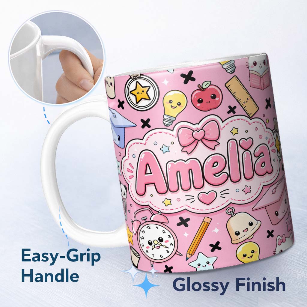 Personalized Custom Name Cute Kawaii School Cat Books Apple Clock Bell Pencil Seamless 11oz Ceramic Coffee Tea Mug White Large Handle