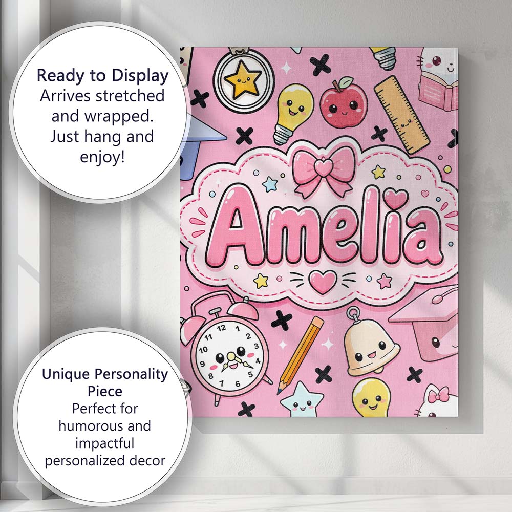 Personalised Name Cute Kawaii School Cat Custom Unique Gift Idea Elegant Feature Canvas Wall Art Print Decor Picture Ready to Hang