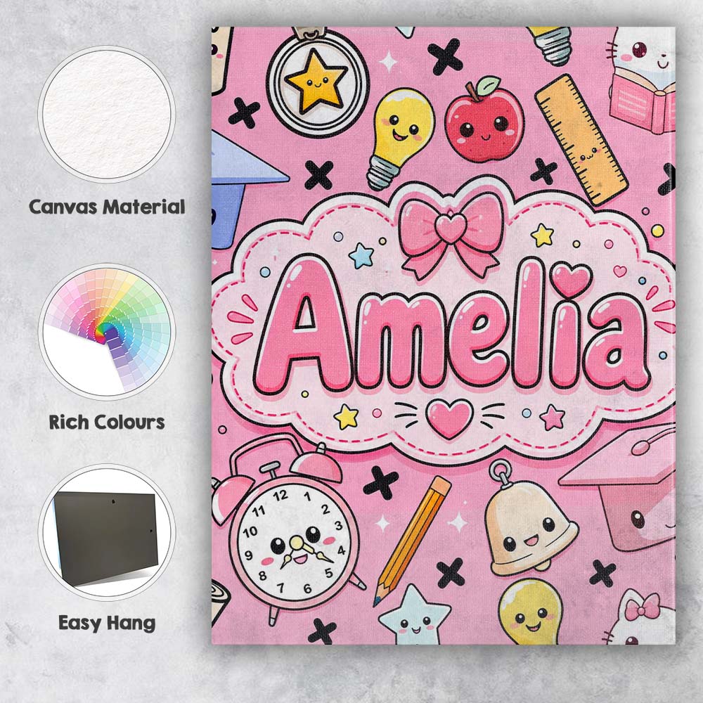 Personalised Name Cute Kawaii School Cat Custom Unique Gift Idea Elegant Feature Canvas Wall Art Print Decor Picture Ready to Hang