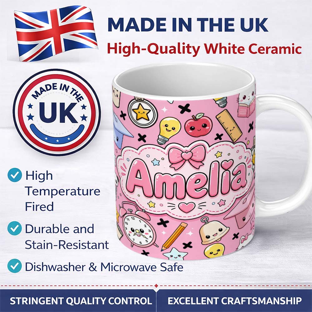 Personalized Custom Name Cute Kawaii School Cat Books Apple Clock Bell Pencil Seamless 11oz Ceramic Coffee Tea Mug White Large Handle