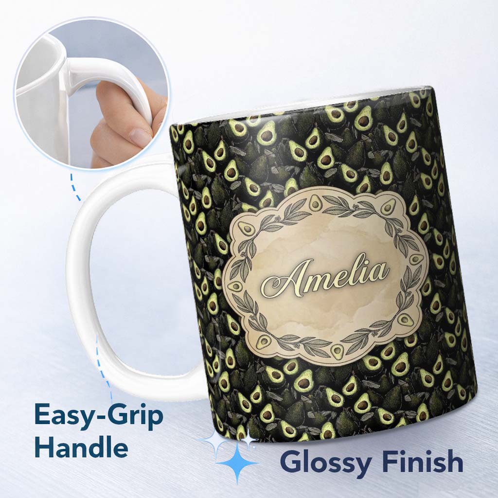 Personalized Custom Name Dark Realistic Avocado Fruit Pattern Cute Unique Gift Lovely 11oz Ceramic Coffee Tea Mug White Large Handle