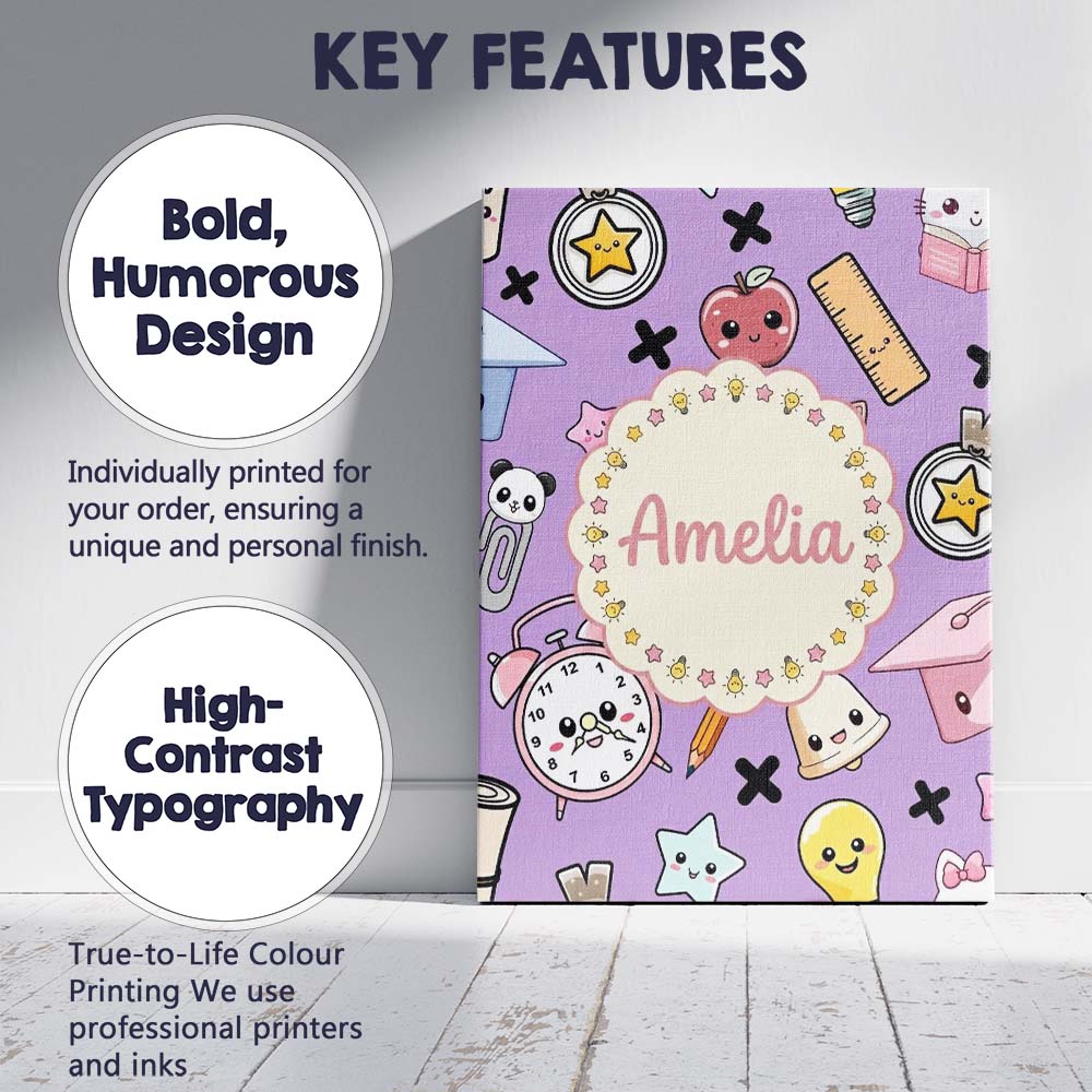 Personalised Name Cute Kawaii School Cat Custom Unique Gift Idea Elegant Feature Canvas Wall Art Print Decor Picture Ready to Hang