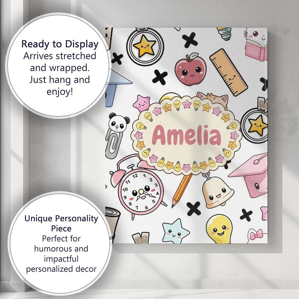 Personalised Name Cute Kawaii School Cat Custom Unique Gift Idea Elegant Feature Canvas Wall Art Print Decor Picture Ready to Hang