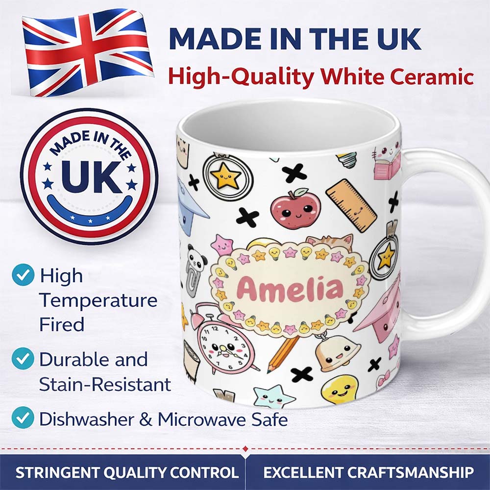 Personalized Custom Name Cute Kawaii School Cat Books Apple Clock Bell Pencil Grey Seamless 11oz Ceramic Coffee Tea Mug White Large Handle