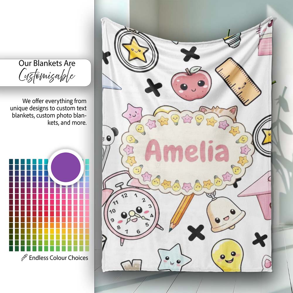 Cute Kawaii School Cat Books Apple Clock Bell Pencil Grey Seamless Personalised Custom Name Super Soft Fleece Blanket Bed Sofa Throw