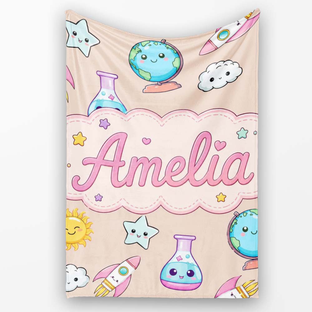 Cute Kawaii Space Rocket Planet Globe Sun Star Seamless Pattern Name Personalised Custom Name Super Soft Fleece Blanket Bed Sofa Throw