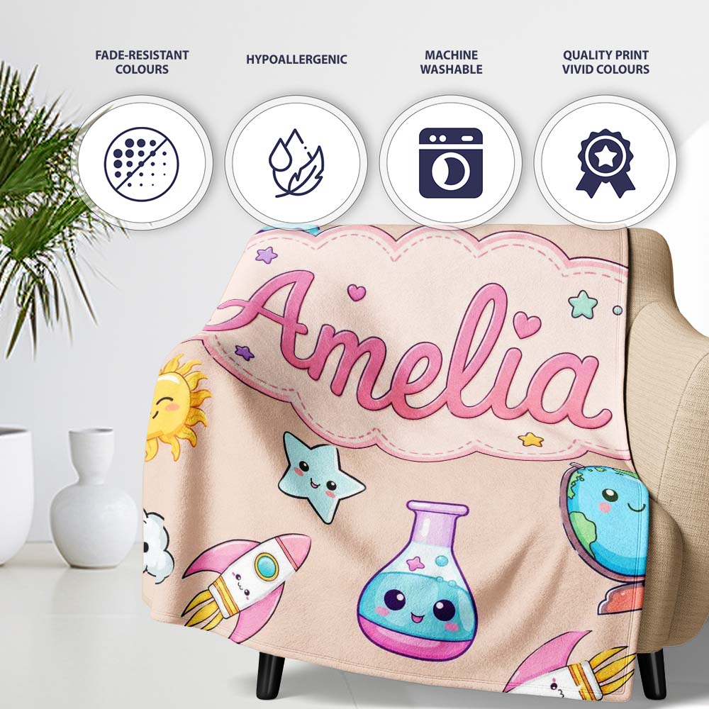 Cute Kawaii Space Rocket Planet Globe Sun Star Seamless Pattern Name Personalised Custom Name Super Soft Fleece Blanket Bed Sofa Throw