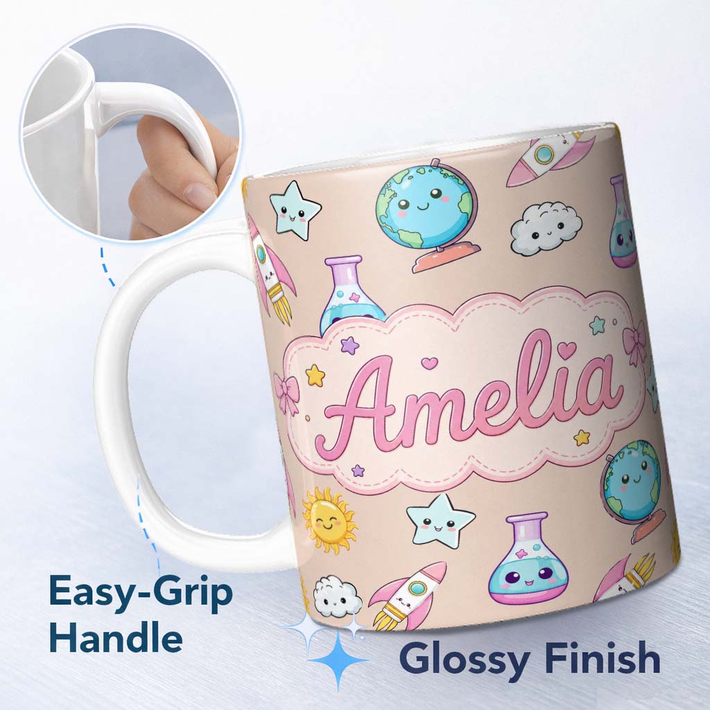 Personalized Custom Name Cute Kawaii Space Rocket Planet Globe Sun Star Seamless Pattern Name 11oz Ceramic Coffee Tea Mug White Large Handle