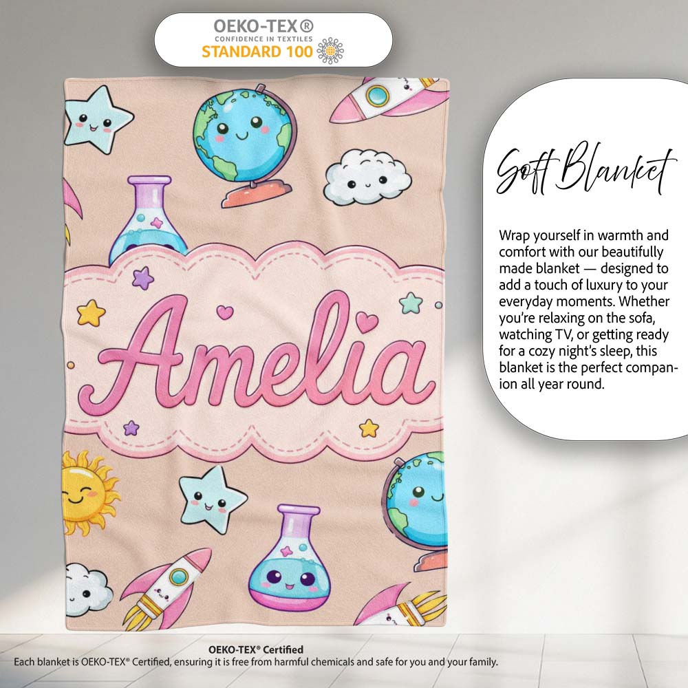 Cute Kawaii Space Rocket Planet Globe Sun Star Seamless Pattern Name Personalised Custom Name Super Soft Fleece Blanket Bed Sofa Throw