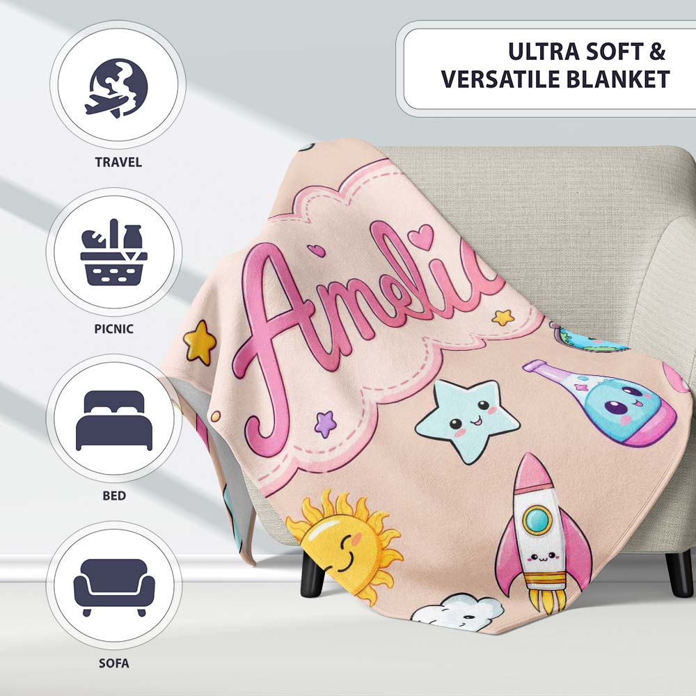 Cute Kawaii Space Rocket Planet Globe Sun Star Seamless Pattern Name Personalised Custom Name Super Soft Fleece Blanket Bed Sofa Throw