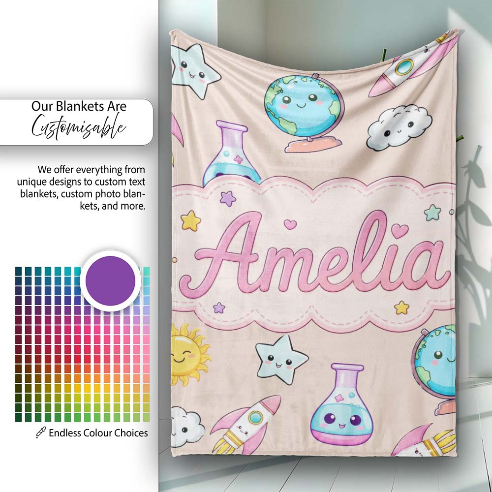 Cute Kawaii Space Rocket Planet Globe Sun Star Seamless Pattern Name Personalised Custom Name Super Soft Fleece Blanket Bed Sofa Throw