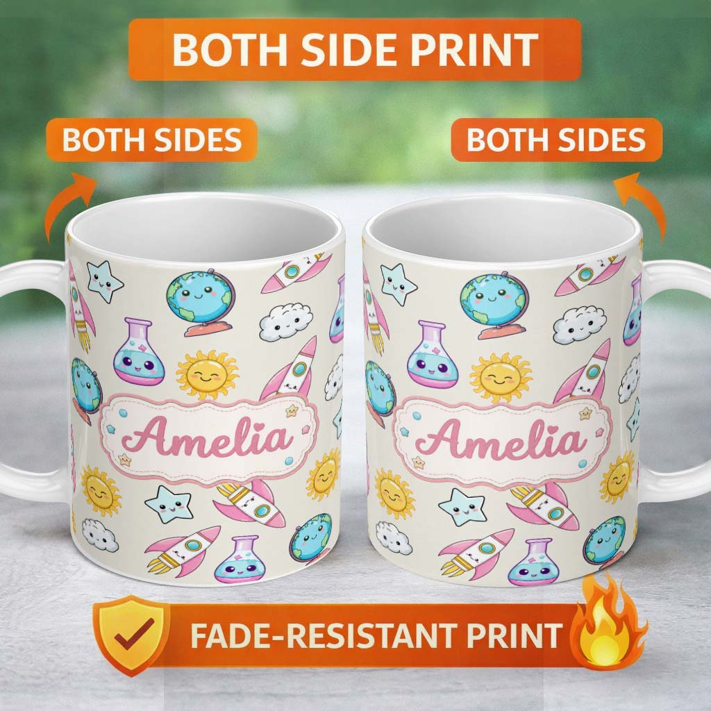 Personalized Custom Name Cute Kawaii Space Rocket Planet Globe Sun Star Cream Seamless 11oz Ceramic Coffee Tea Mug White Large Handle