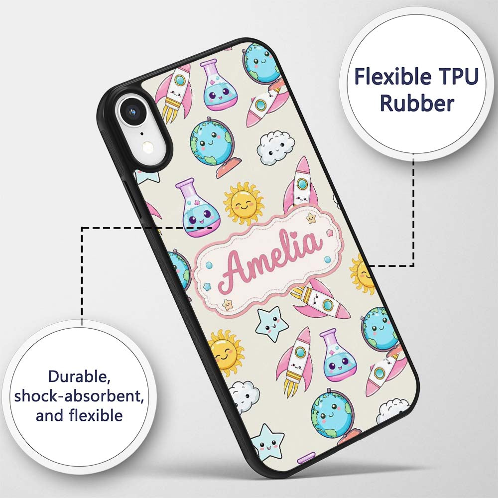 Cute Kawaii Space Rocket Planet Globe Sun Star Custom Name Protective Phone Case Mobile Cover Durable Everyday Smartphone Shock Resistant