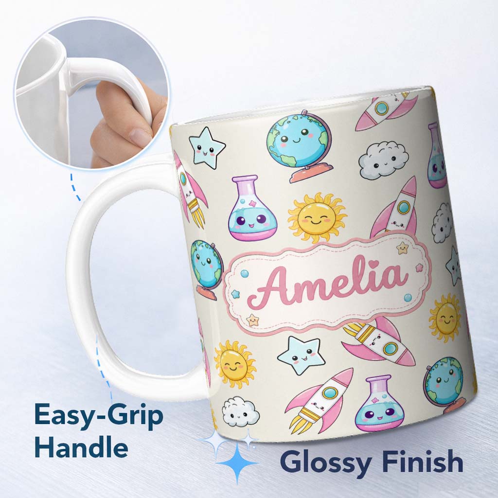 Personalized Custom Name Cute Kawaii Space Rocket Planet Globe Sun Star Cream Seamless 11oz Ceramic Coffee Tea Mug White Large Handle
