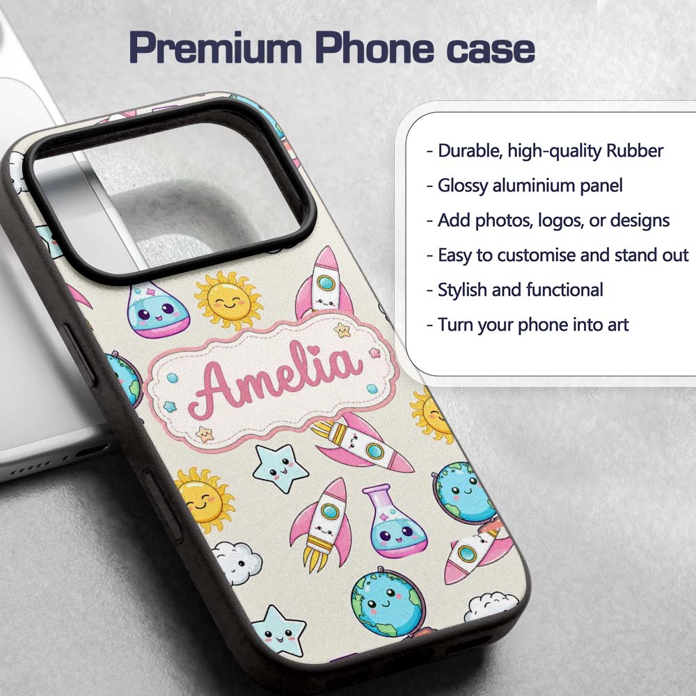 Cute Kawaii Space Rocket Planet Globe Sun Star Custom Name Protective Phone Case Mobile Cover Durable Everyday Smartphone Shock Resistant