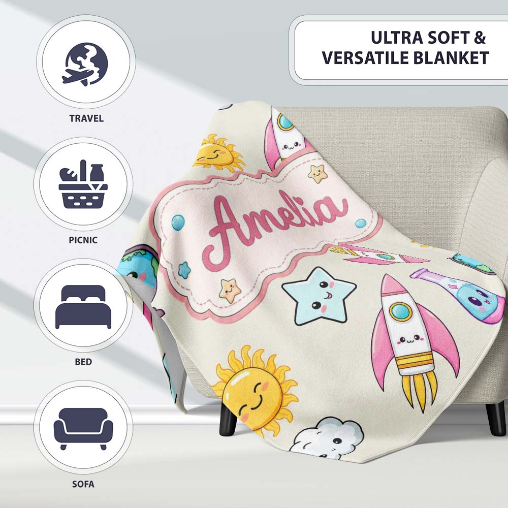 Cute Kawaii Space Rocket Planet Globe Sun Star Cream Seamless Personalised Custom Name Super Soft Fleece Blanket Bed Sofa Throw