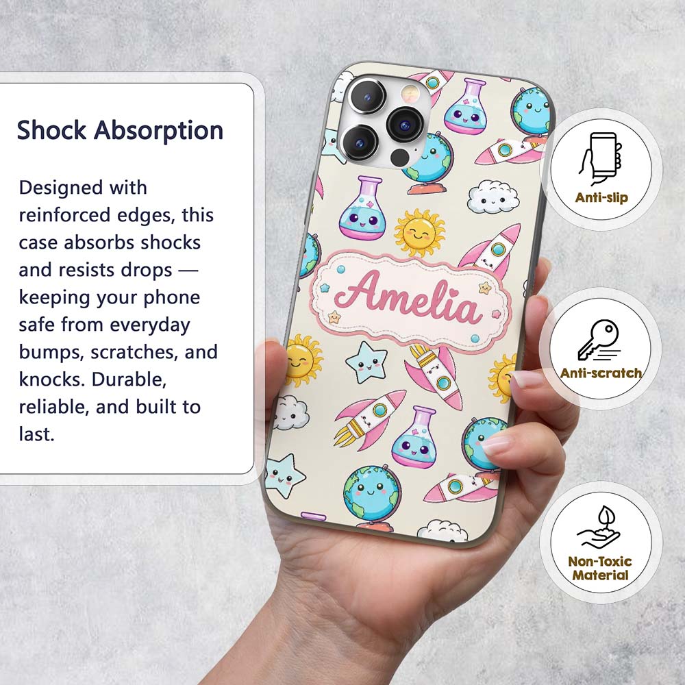 Cute Kawaii Space Rocket Planet Globe Sun Star Custom Name Protective Phone Case Mobile Cover Durable Everyday Smartphone Shock Resistant