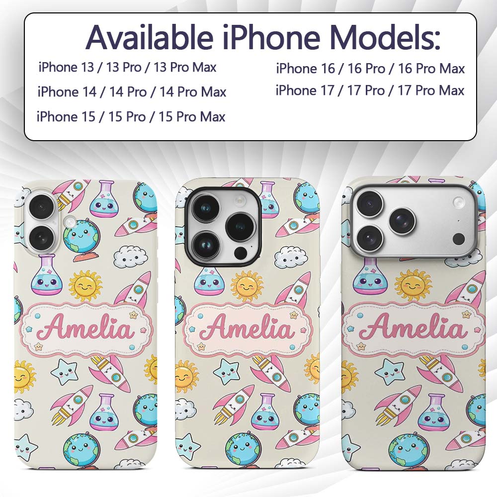 Cute Kawaii Space Rocket Planet Globe Sun Star Custom Name Protective Phone Case Mobile Cover Durable Everyday Smartphone Shock Resistant