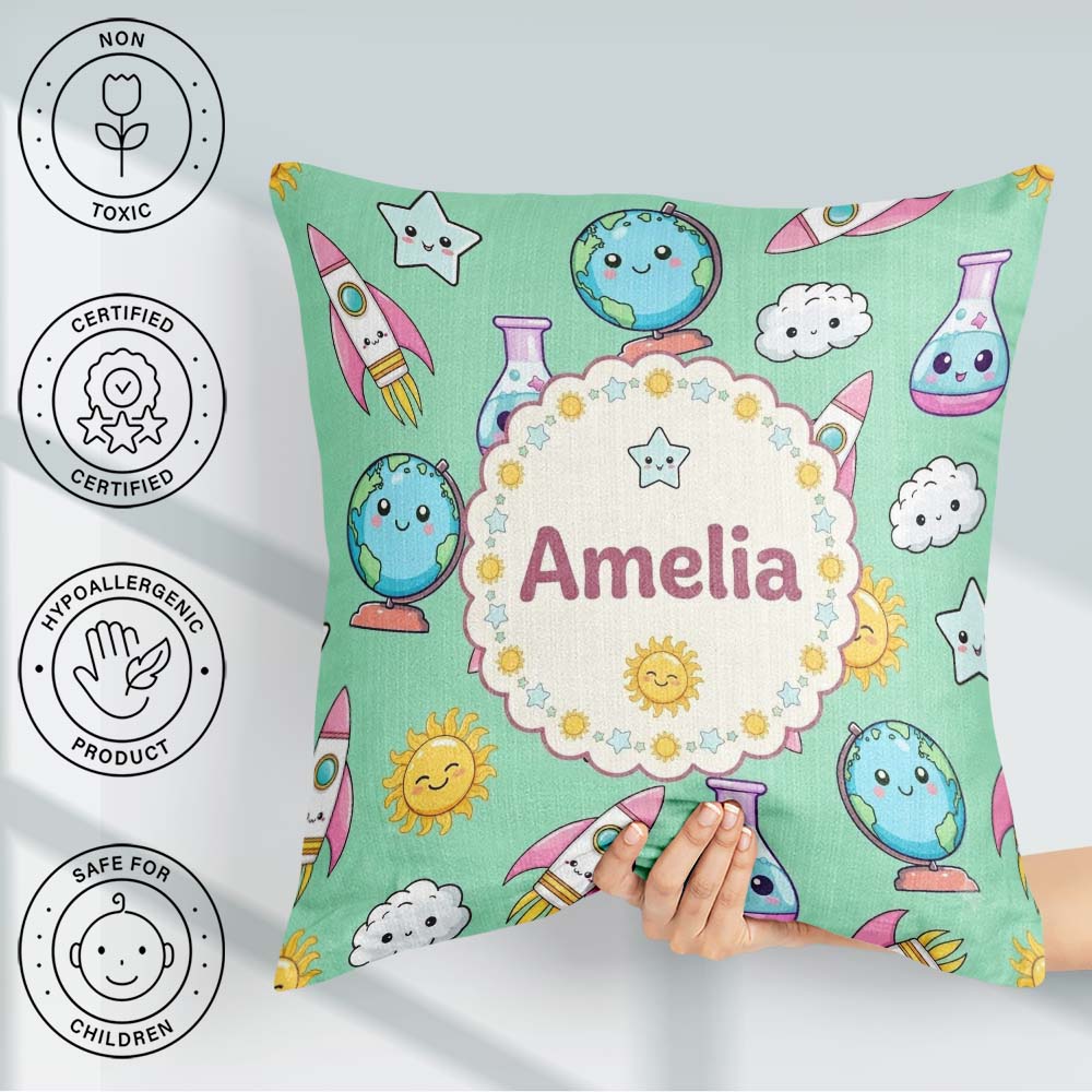 Custom Name Cute Kawaii Space Rocket Planet Globe Sun Star Green Square Filled Cushion Throw Pillow Sofa Bed Home Decor Zip Washable UK Made