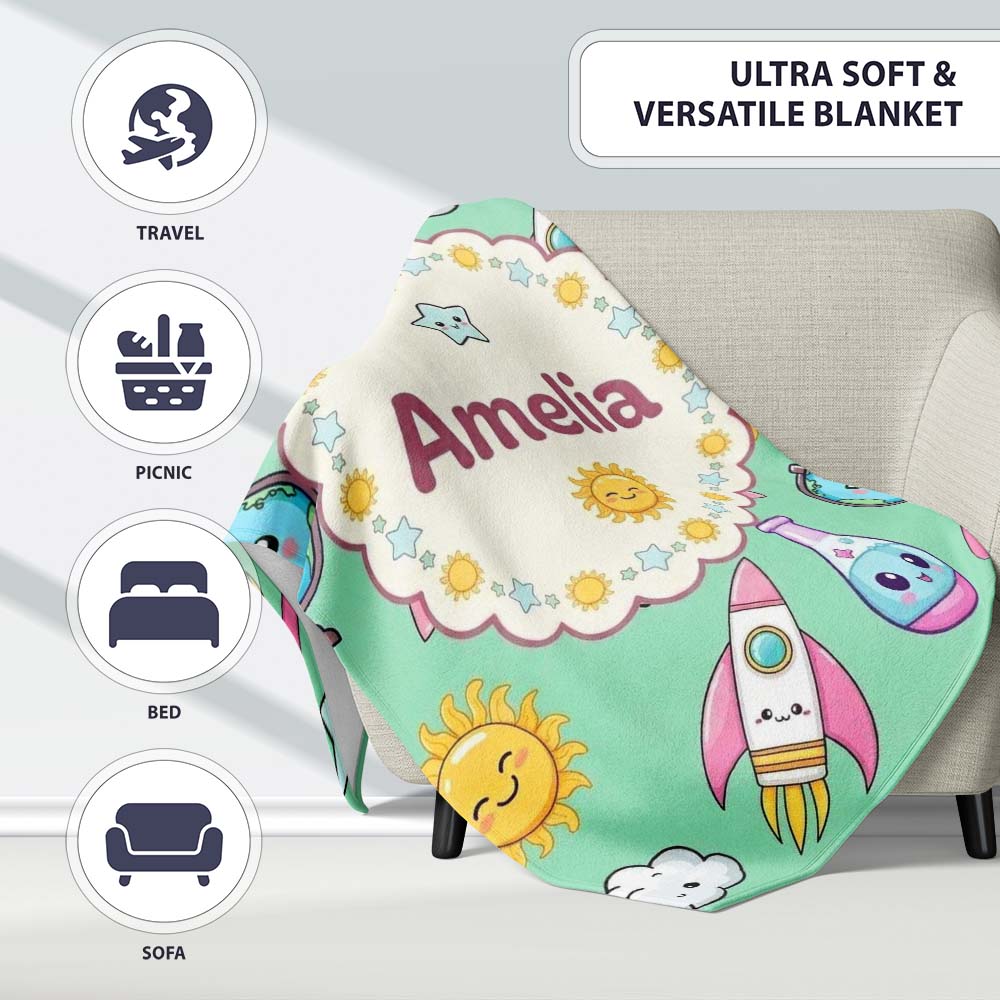 Cute Kawaii Space Rocket Planet Globe Sun Star Green Seamless Personalised Custom Name Super Soft Fleece Blanket Bed Sofa Throw