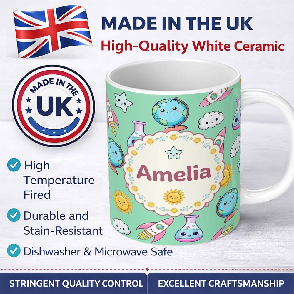 Personalized Custom Name Cute Kawaii Space Rocket Planet Globe Sun Star Green Seamless 11oz Ceramic Coffee Tea Mug White Large Handle