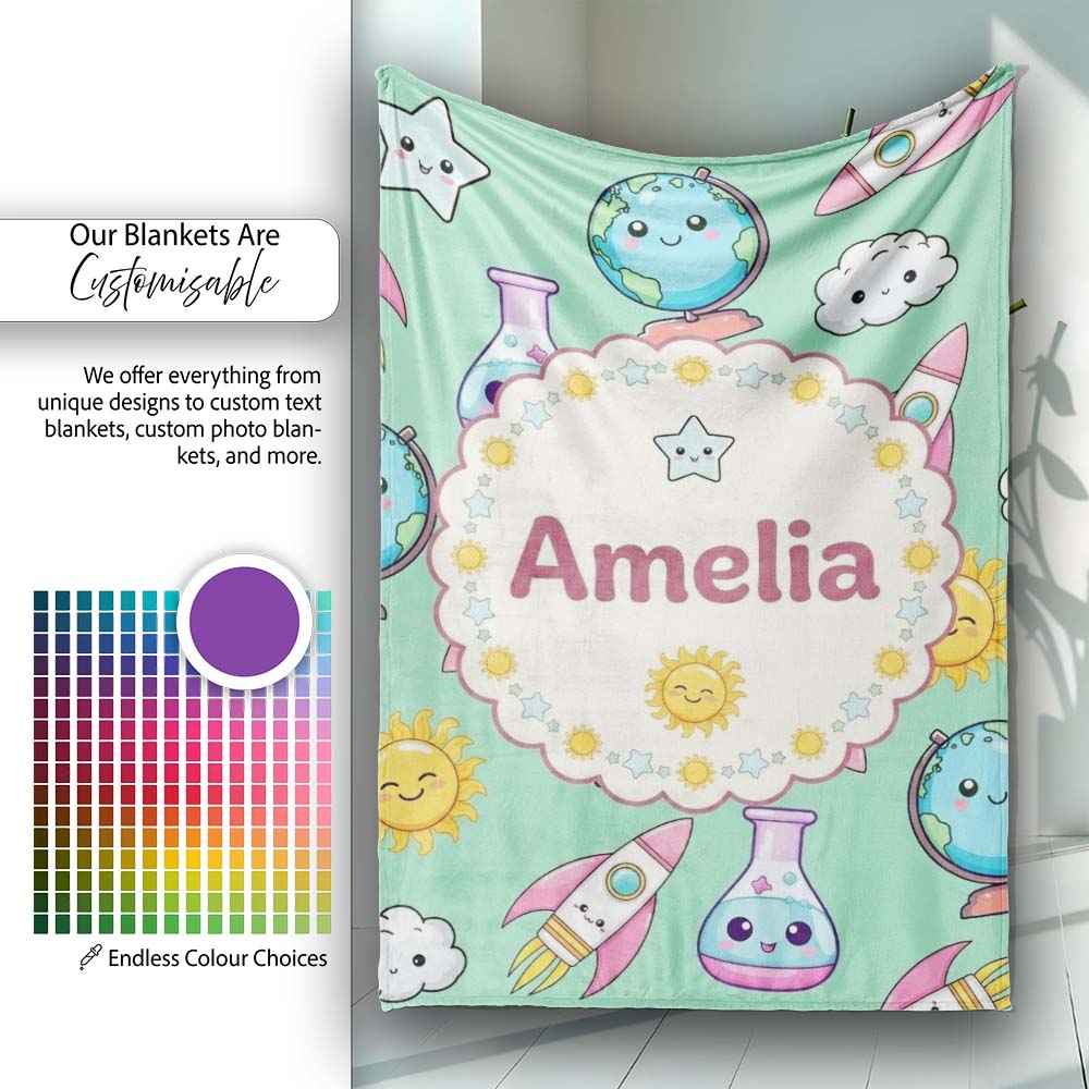 Cute Kawaii Space Rocket Planet Globe Sun Star Green Seamless Personalised Custom Name Super Soft Fleece Blanket Bed Sofa Throw