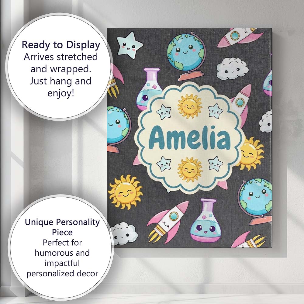 Personalised Name Cute Kawaii Space Rocket Custom Unique Gift Idea Elegant Feature Canvas Wall Art Print Decor Picture Ready to Hang