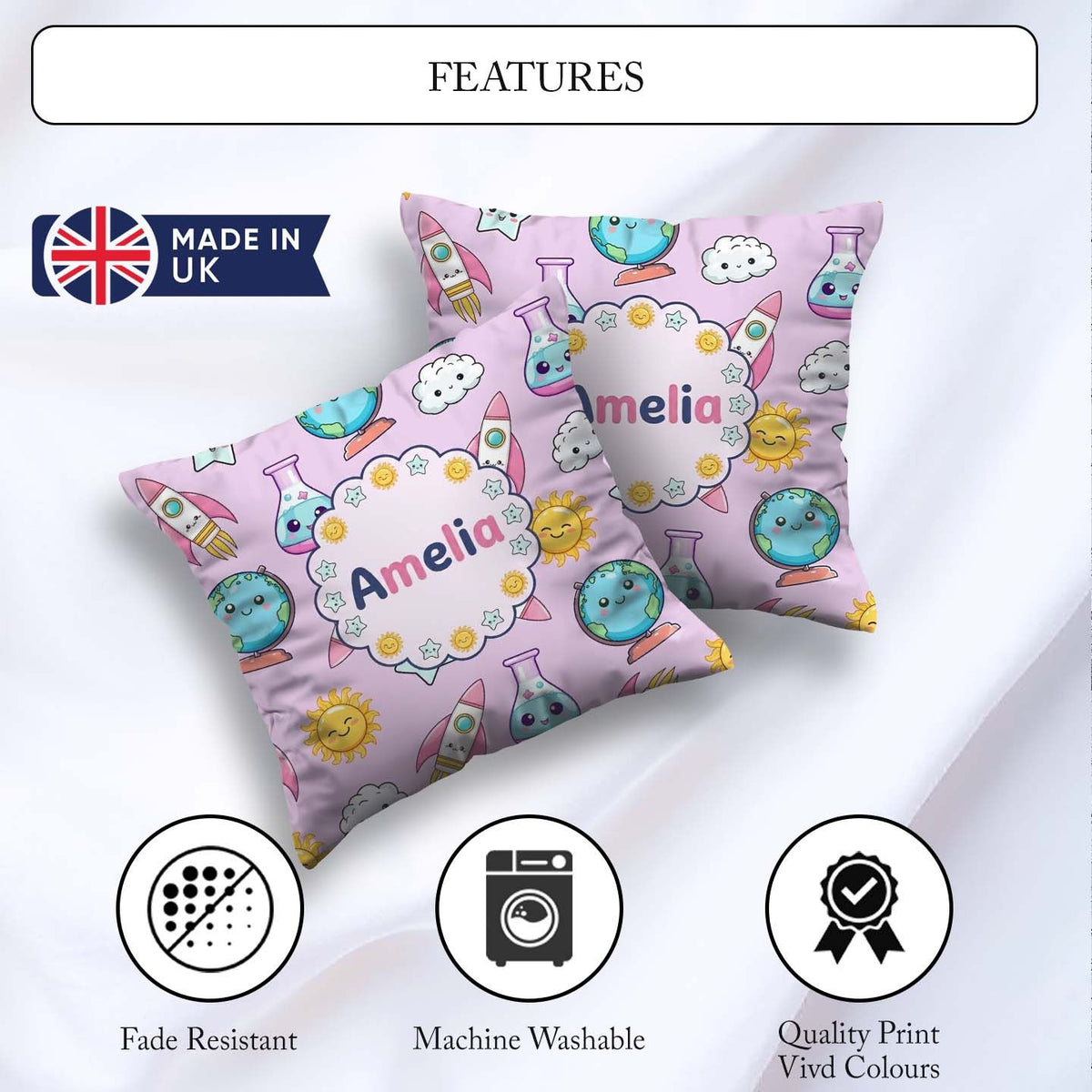 Custom Name Kawaii Space Rocket Planet Globe Sun Purple Seamless Square Filled Cushion Throw Pillow Sofa Bed Home Decor Zip Washable UK Made