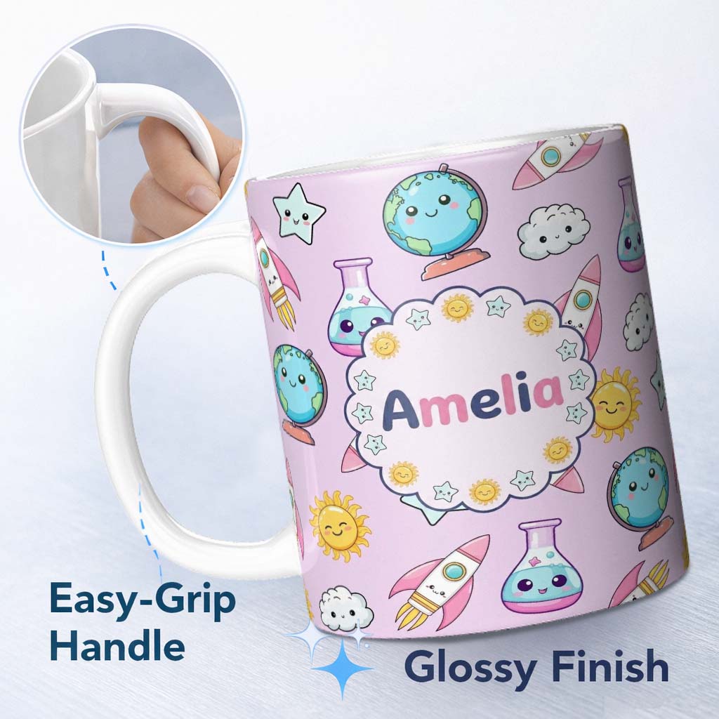 Personalized Custom Name Cute Kawaii Space Rocket Planet Globe Sun Star Purple Seamless 11oz Ceramic Coffee Tea Mug White Large Handle
