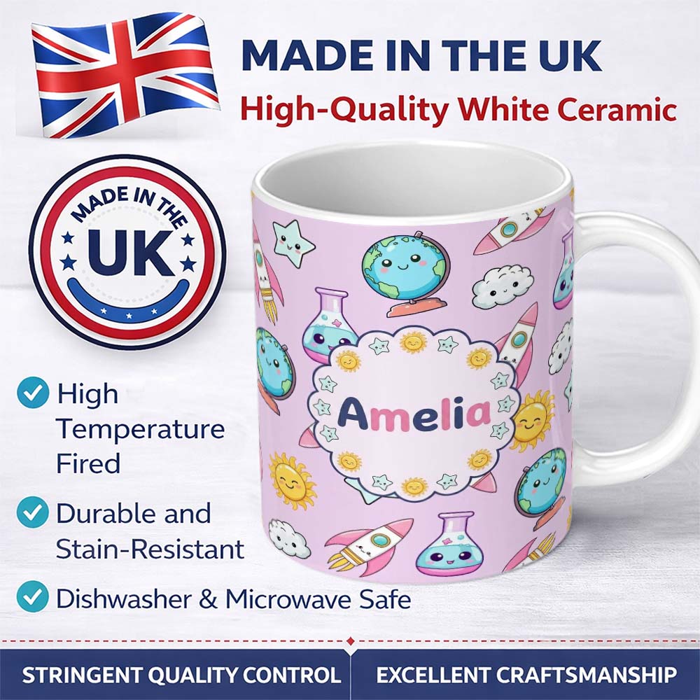 Personalized Custom Name Cute Kawaii Space Rocket Planet Globe Sun Star Purple Seamless 11oz Ceramic Coffee Tea Mug White Large Handle
