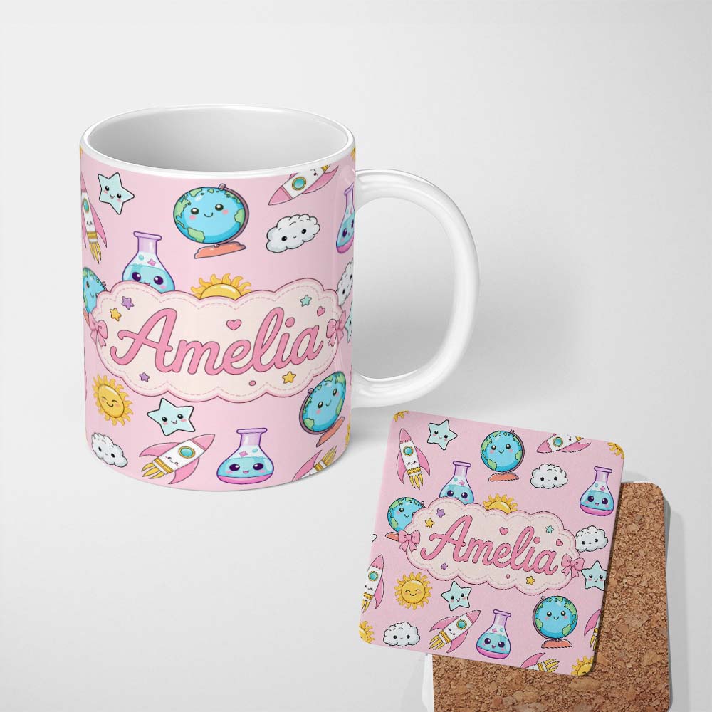 Personalized Custom Name Cute Kawaii Space Rockets Planets Globes Suns Stars Seamless 11oz Ceramic Coffee Tea Mug White Large Handle