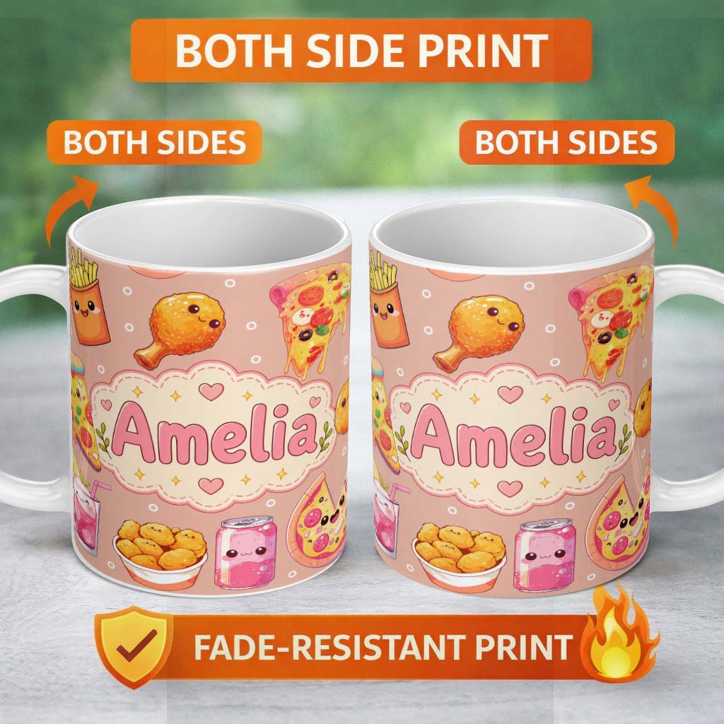 Personalized Custom Name Cute Kawaii Fast Food Pizza Chicken Soda Peach Background Seamless 11oz Ceramic Coffee Tea Mug White Large Handle
