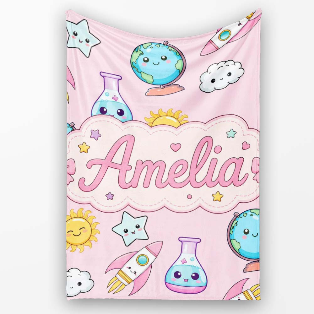 Cute Kawaii Space Rockets Planets Globes Suns Stars Seamless Personalised Custom Name Super Soft Fleece Blanket Bed Sofa Throw