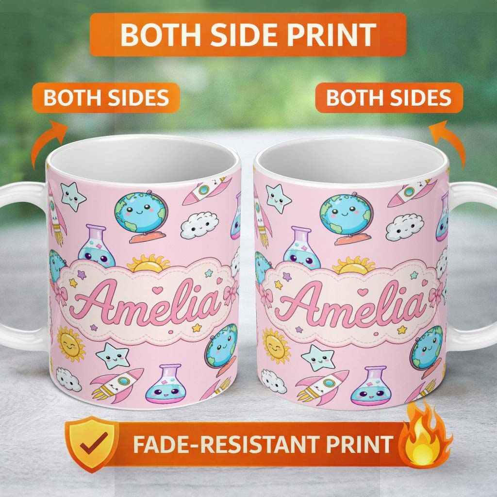 Personalized Custom Name Cute Kawaii Space Rockets Planets Globes Suns Stars Seamless 11oz Ceramic Coffee Tea Mug White Large Handle