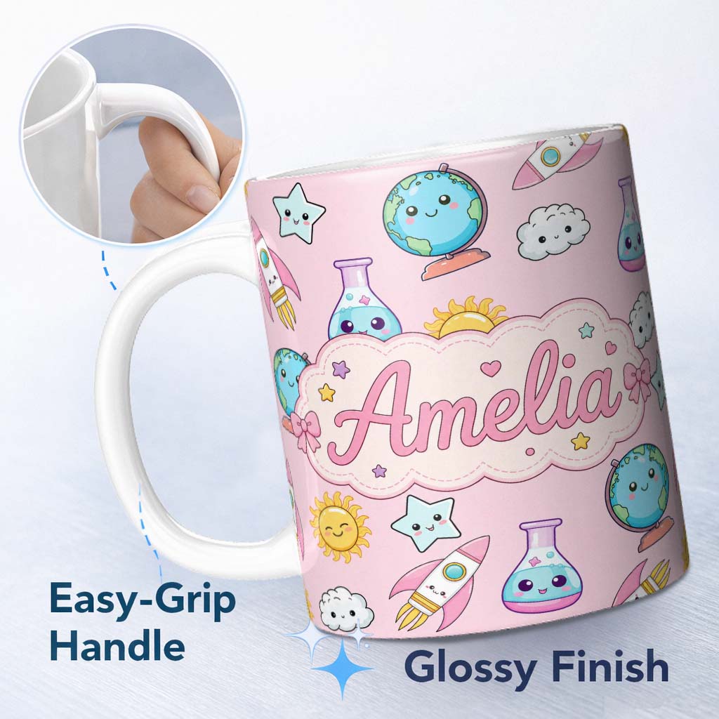 Personalized Custom Name Cute Kawaii Space Rockets Planets Globes Suns Stars Seamless 11oz Ceramic Coffee Tea Mug White Large Handle
