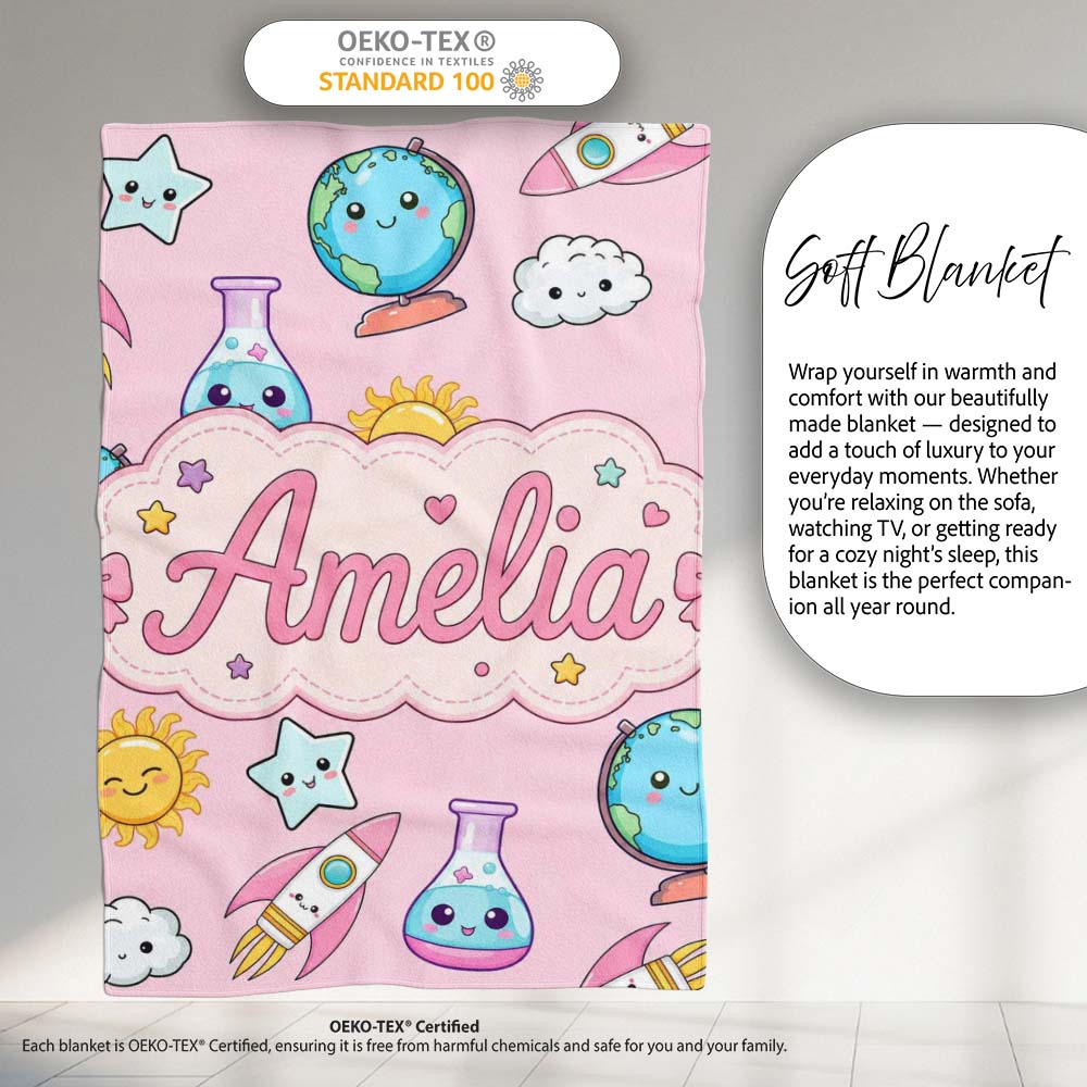Cute Kawaii Space Rockets Planets Globes Suns Stars Seamless Personalised Custom Name Super Soft Fleece Blanket Bed Sofa Throw