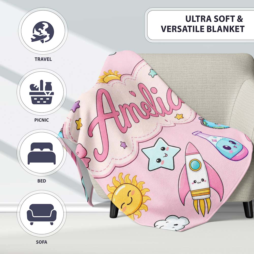 Cute Kawaii Space Rockets Planets Globes Suns Stars Seamless Personalised Custom Name Super Soft Fleece Blanket Bed Sofa Throw