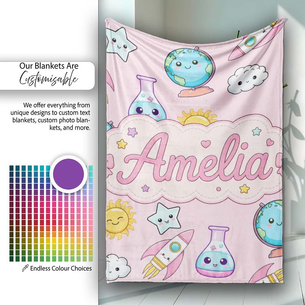 Cute Kawaii Space Rockets Planets Globes Suns Stars Seamless Personalised Custom Name Super Soft Fleece Blanket Bed Sofa Throw