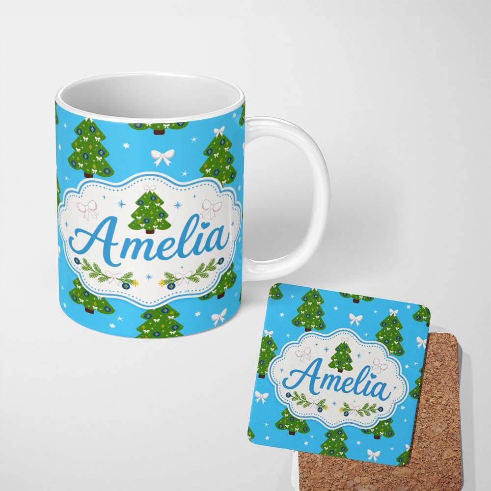 Personalized Custom Name Christmas Trees with Bows and Stars on Blue Background Cute Festive 11oz Ceramic Coffee Tea Mug White Large Handle