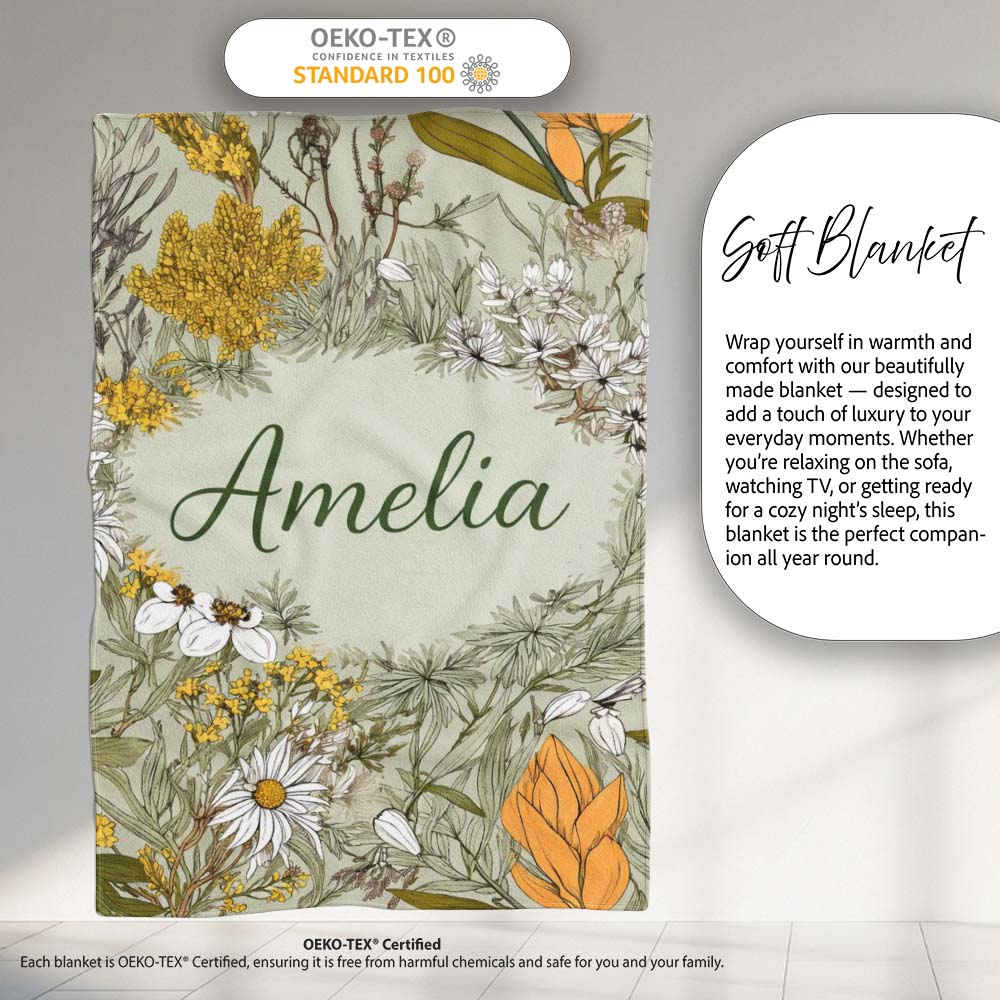 Vintage Botanical Floral Sage Green Detailed Seamless Pattern Lovely Personalised Custom Name Super Soft Fleece Blanket Bed Sofa Throw