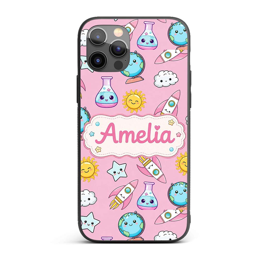 Cute Kawaii Space Rockets Planets Globes Suns Custom Name Protective Phone Case Mobile Cover Durable Everyday Smartphone Shock Resistant