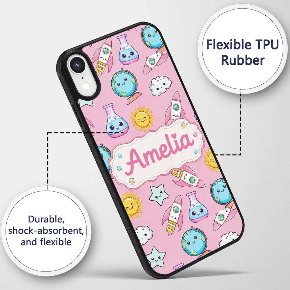 Cute Kawaii Space Rockets Planets Globes Suns Custom Name Protective Phone Case Mobile Cover Durable Everyday Smartphone Shock Resistant