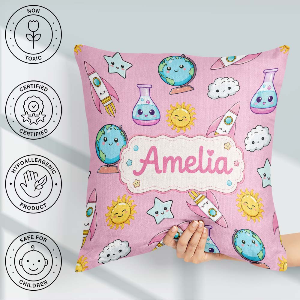 Custom Name Kawaii Space Rockets Globes Suns Stars Pink Seamless Square Filled Cushion Throw Pillow Sofa Bed Home Decor Zip Washable UK Made