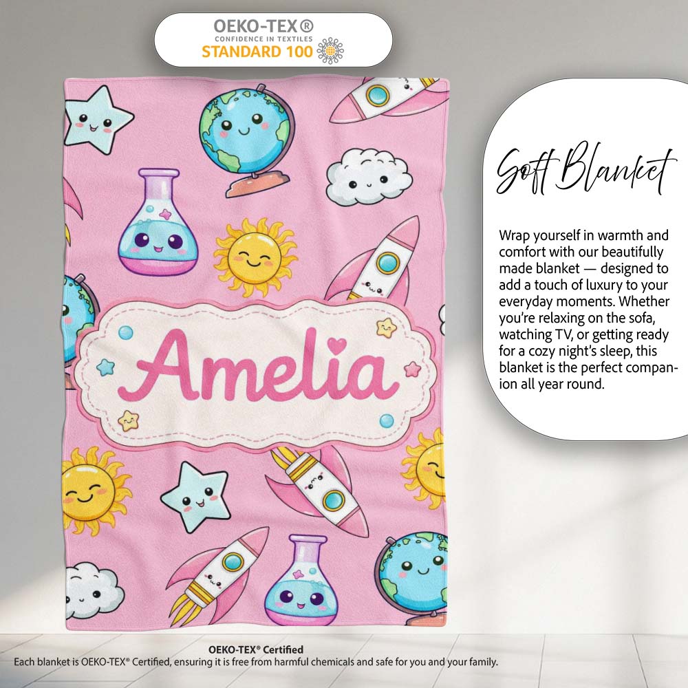 Cute Kawaii Space Rockets Planets Globes Suns Stars Pink Seamless Personalised Custom Name Super Soft Fleece Blanket Bed Sofa Throw